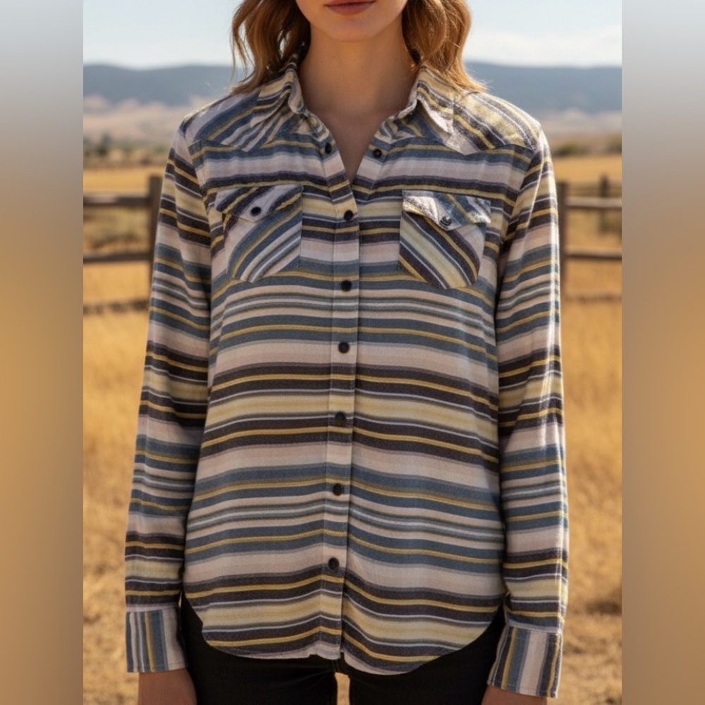 Cruel Denim Women's Long Sleeve Striped Snap Button Pocket Blouse Size Medium